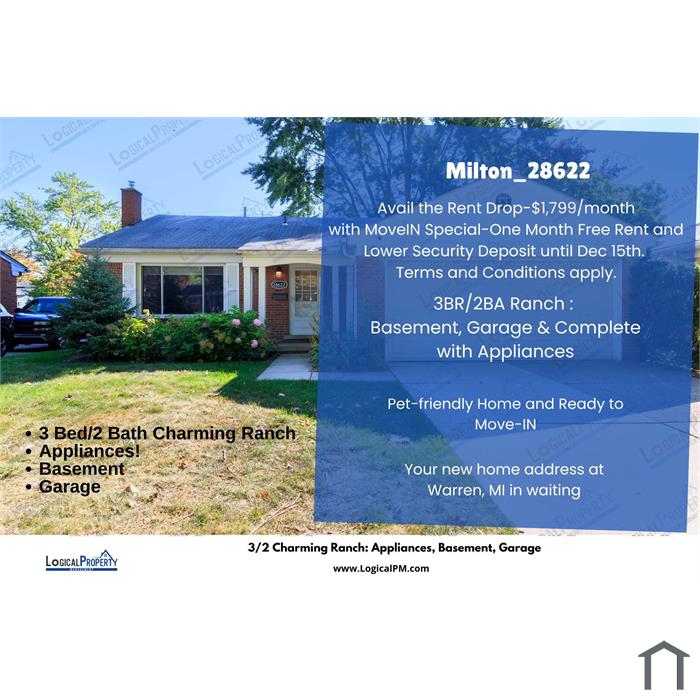 Ranch home for lease (3 beds, 2 baths) with Appliances